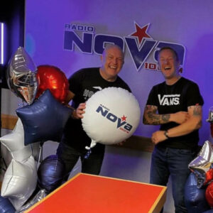 pj and jim celebrating at radio nova