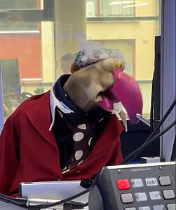 Talking turkey: Dustin in his Louis Copeland suit, chatting with PJ & Jim this morning