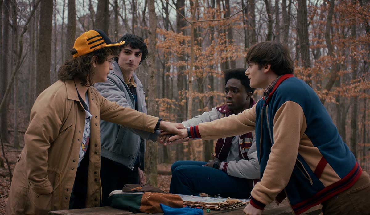 STRANGER THINGS. (L to R) Gaten Matarazzo as Dustin Henderson, Finn Wolfhard as Mike Wheeler, Caleb McLaughlin as Lucas Sinclair, and Noah Schnapp as Will Byers in STRANGER THINGS. Cr. Courtesy of Netflix © 2025