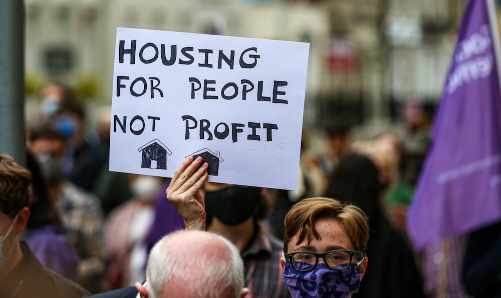 Dublin, September 15, 2021 - Protestors gather outside Dail Eireann in Dublin, Ireland for a rally highlighting the housing crisis